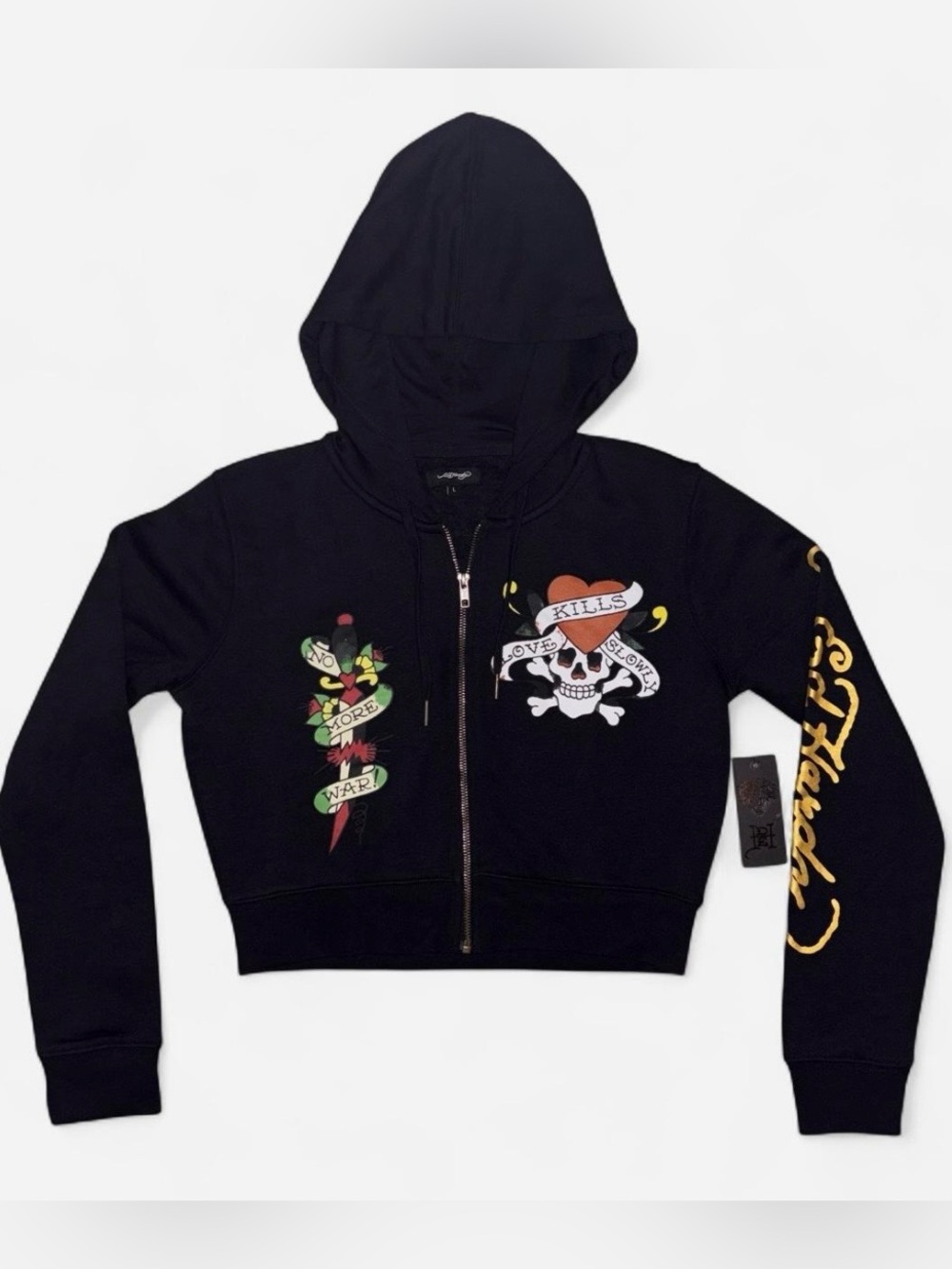 Ed Hardy Black Zip-Up Hoodie with Skull & Heart Graphics